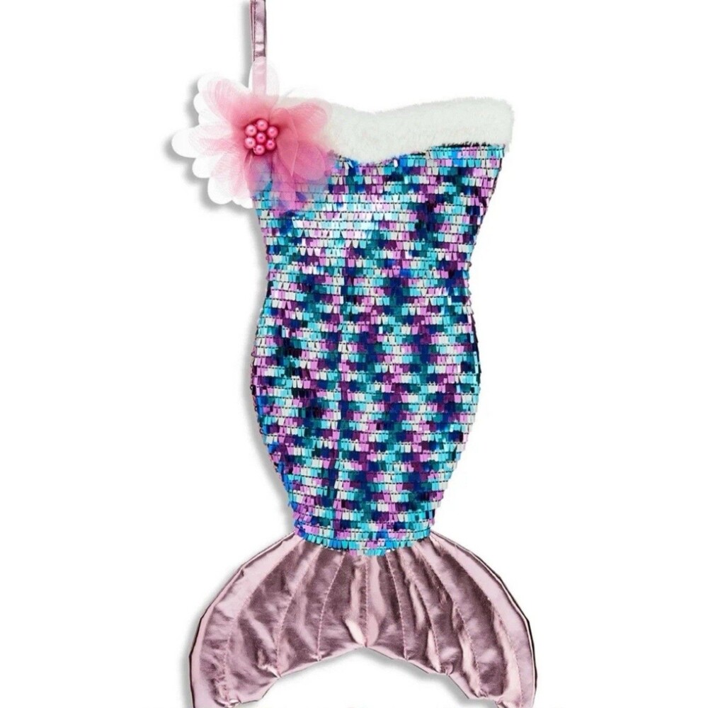 Holiday Time Reversible Pink & Blue Sequins Mermaid Tail Christmas Stocking 21"
